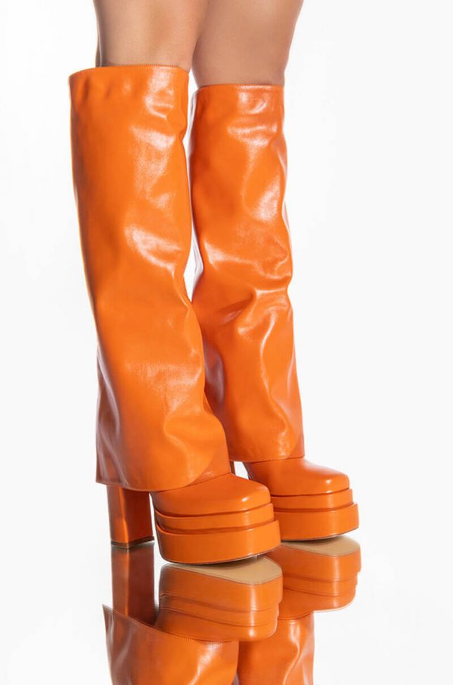 Front View Azalea Wang Invisible Knee High Fold Over Chunky Boot In Orange