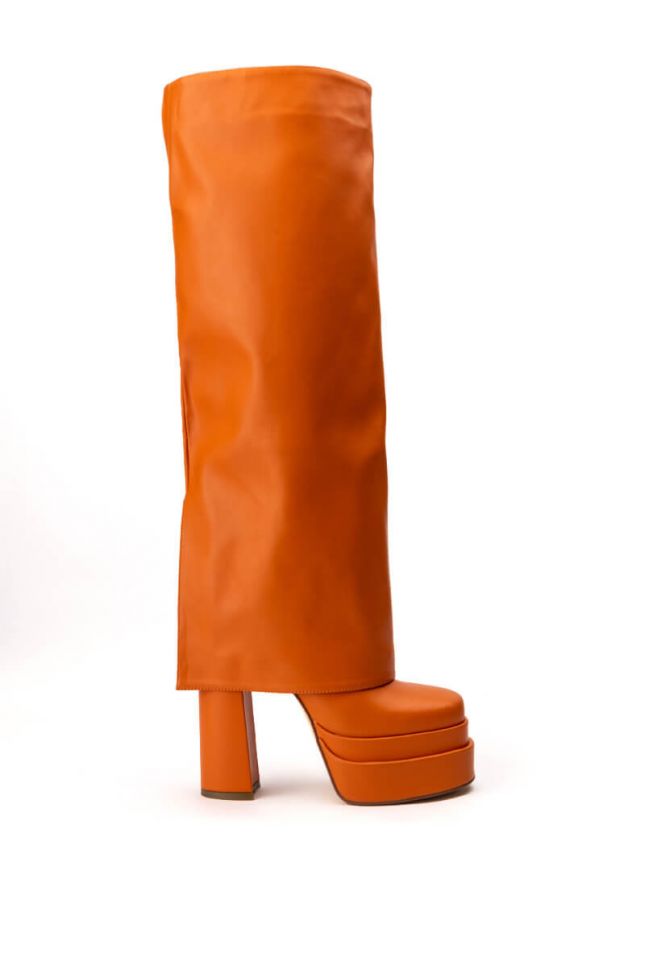 Side View Azalea Wang Invisible Knee High Fold Over Chunky Boot In Orange