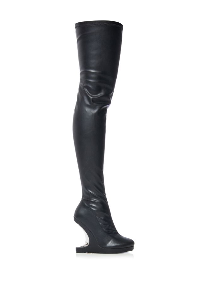 Side View Azalea Wang Itzel Black Boot With Silver Novelty Heel