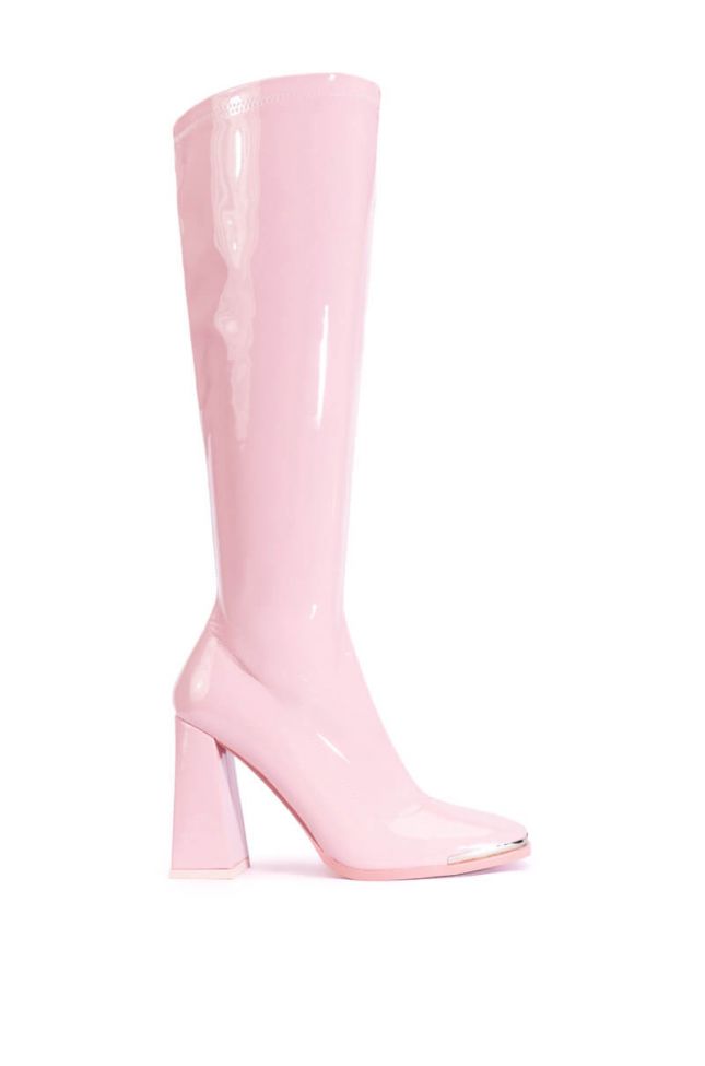 Side View Azalea Wang Jazzy Patent Knee High Boot In Pink