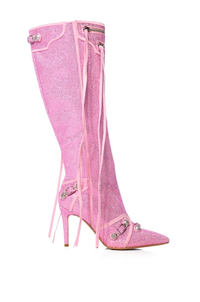Side View Azalea Wang Just For You Stiletto Boot In Embellished Pink