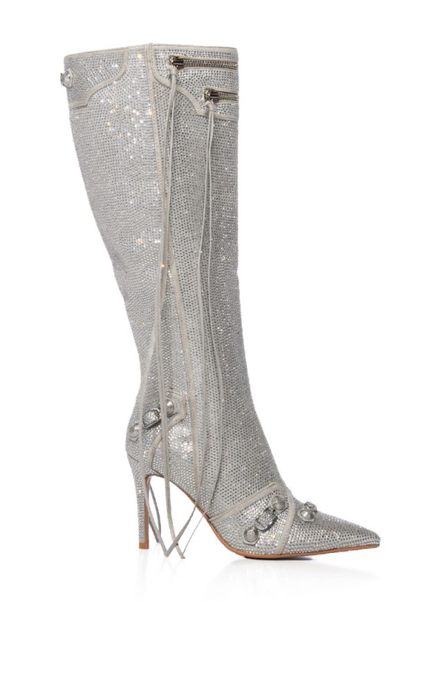 Side View Azalea Wang Just For You Stiletto Boot In Embellished Silver