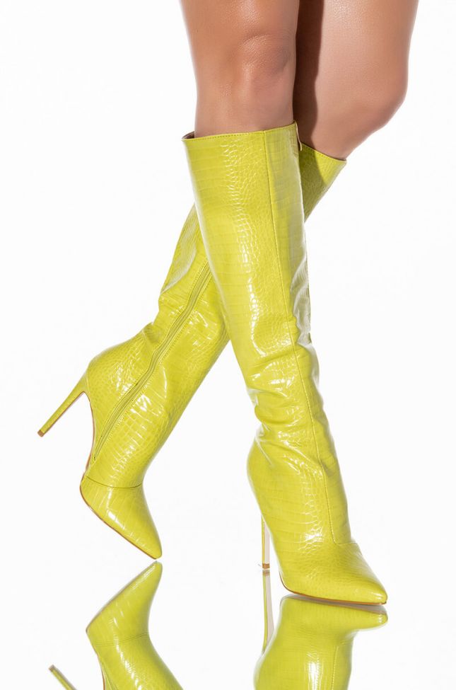 Front View Azalea Wang Just My Luck Stiletto Boot In Lime