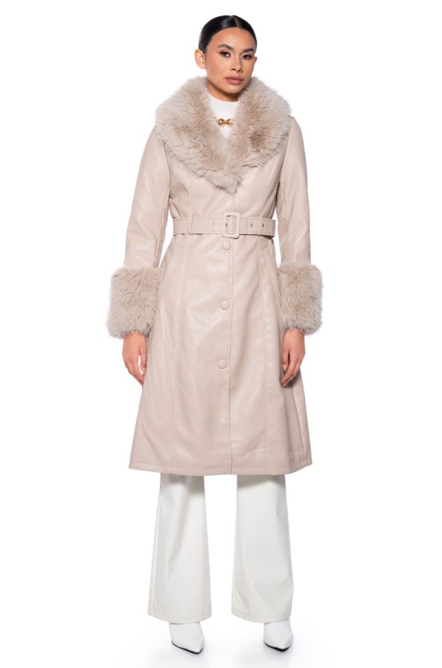 Front View Azalea Wang Kaya Pu Trench With Fur Lining In Beige