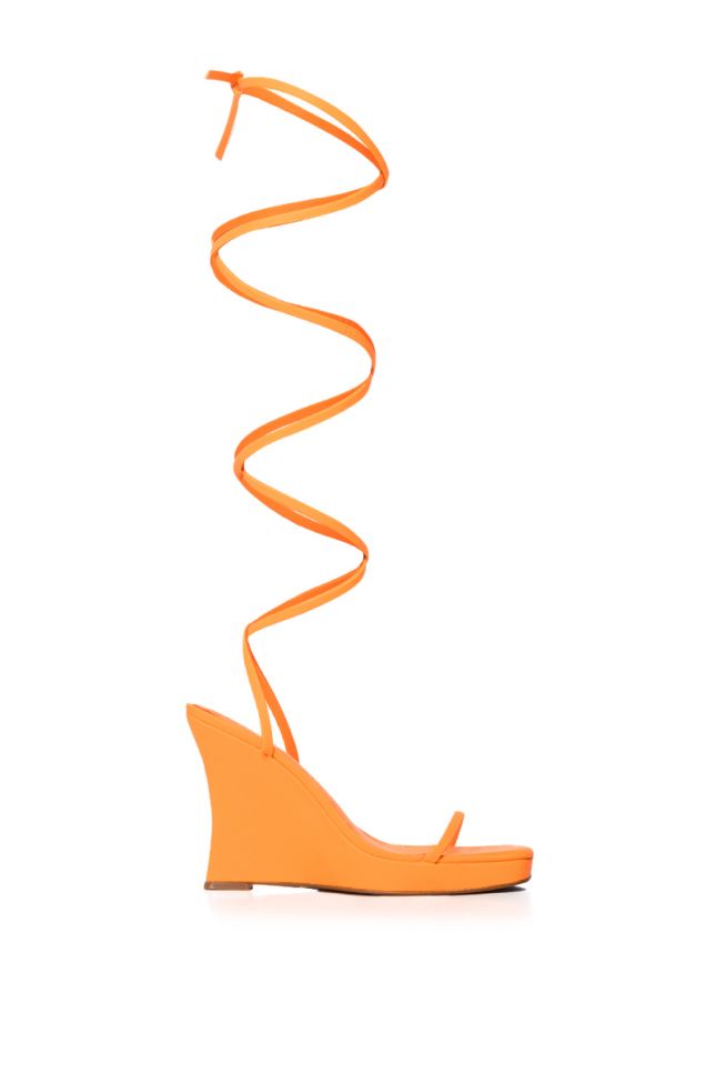 Side View Azalea Wang Khalifa Lace Up Wedge Sandal In Orange