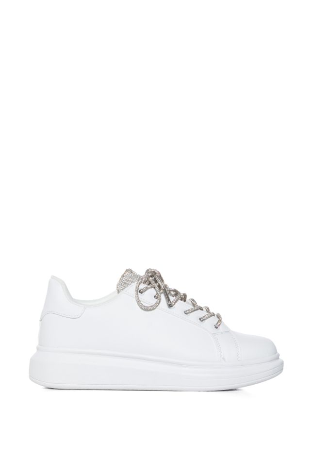 Side View Azalea Wang Kickflip Rhinestone Flatform Sneaker In White