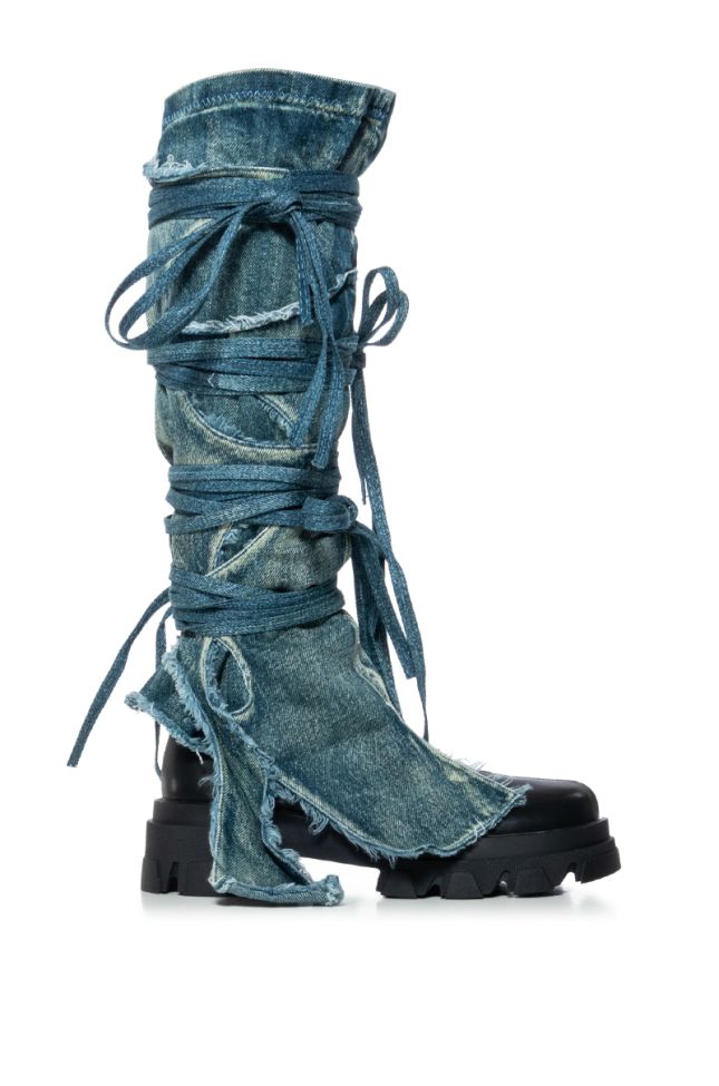 Back View Azalea Wang Knoxton Black Bootie With Strappy Tie Up Denim Cover