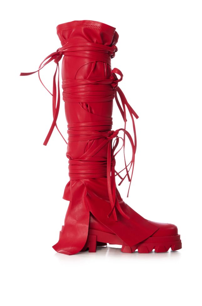 Back View Azalea Wang Knoxton Red Bootie With Strappy Tie Up Cover