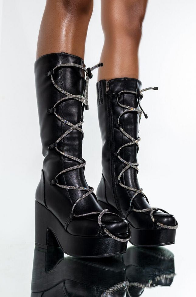 Side View Azalea Wang Lace It Up Chunky Boot In Black
