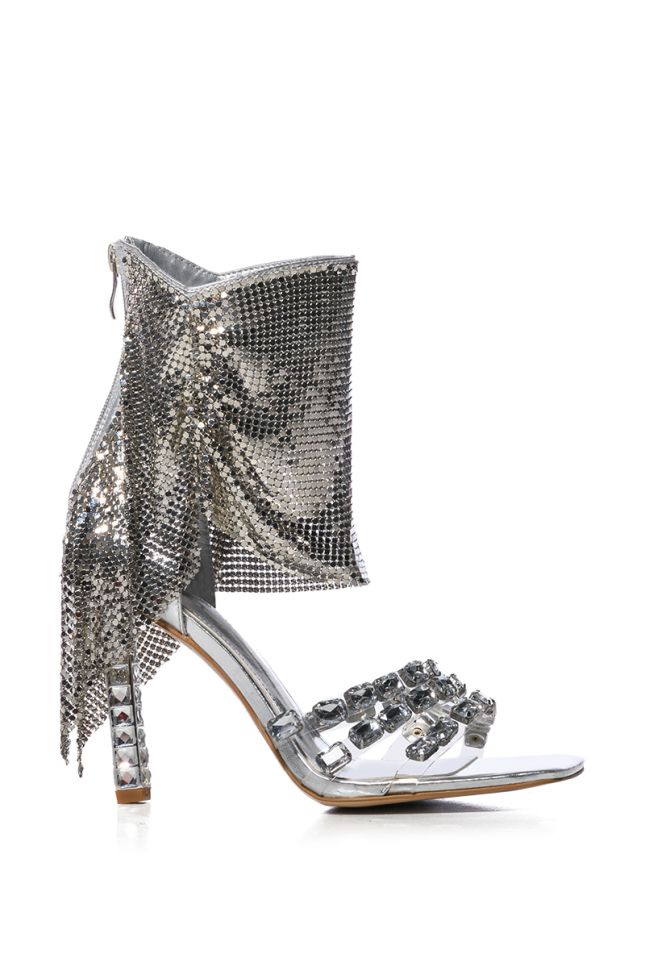 Side View Azalea Wang Lessie Chainmail Stiletto Wedge Bootie Sandal In Silver