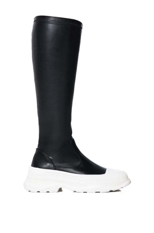 Side View Azalea Wang Lois 4 Way Stretch Mid Calf Flatform Boots In Black