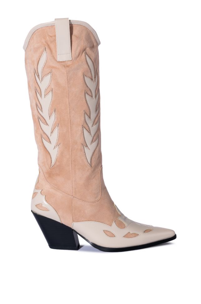 Side View Azalea Wang Love And Light Mid Calf Chunky Western Boot In Nude