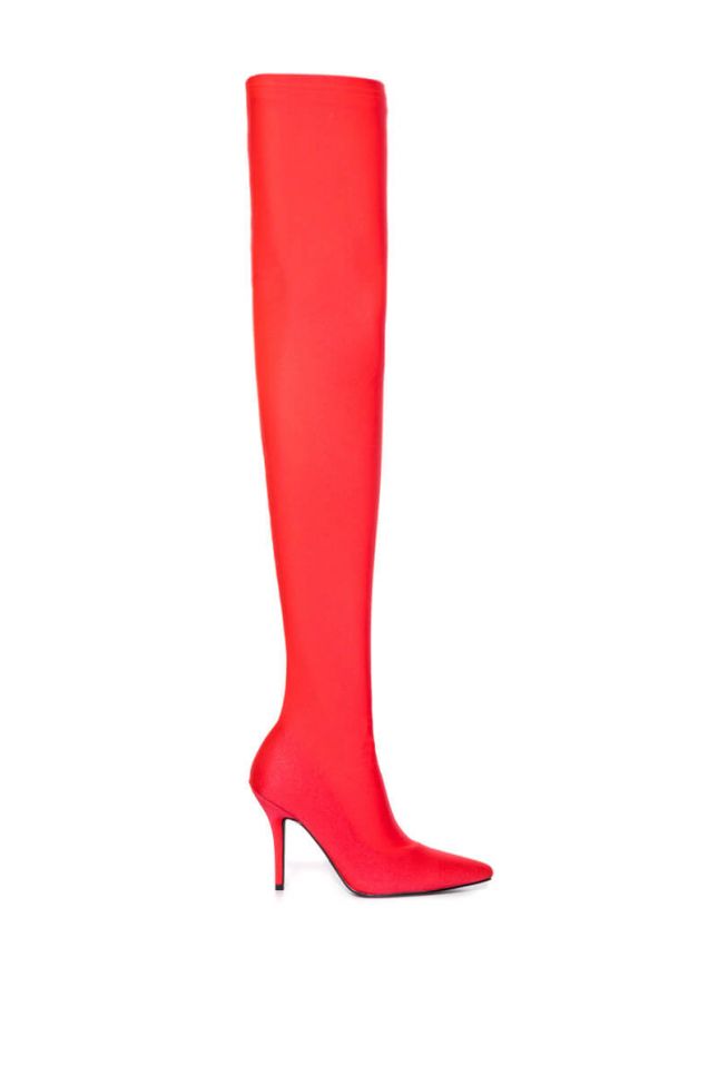 Side View Azalea Wang Star Stretch Love Struck Ultra Thigh High Stiletto Boot In Red