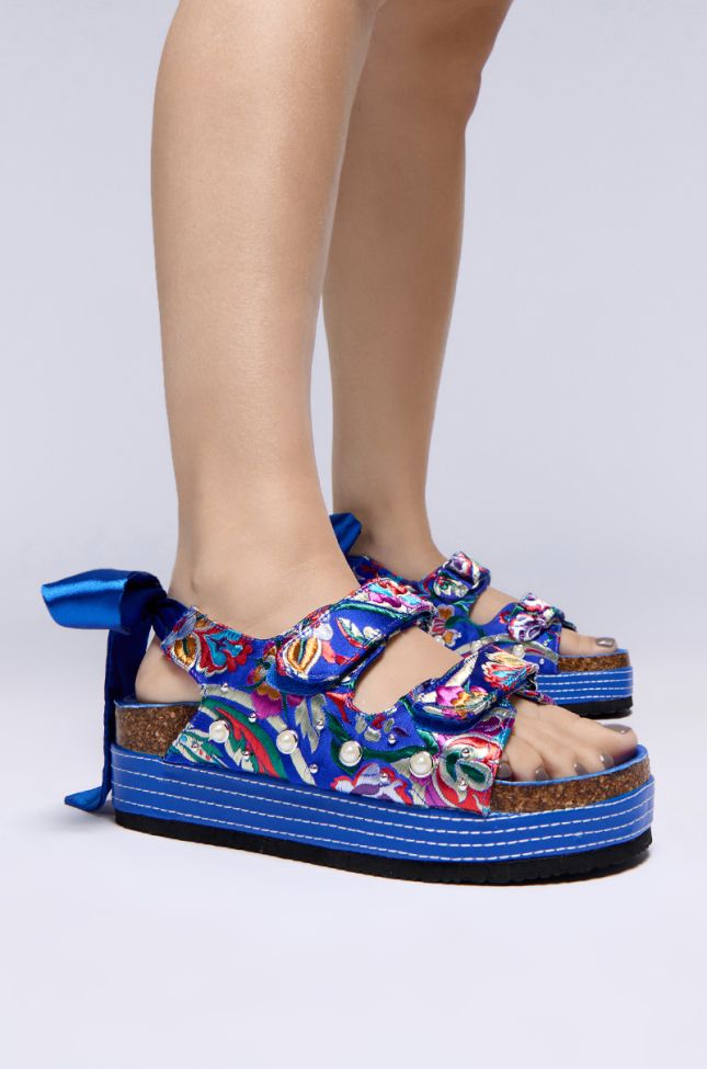 Front View Azalea Wang Mackley Brocade In Blue Flatform Sandal