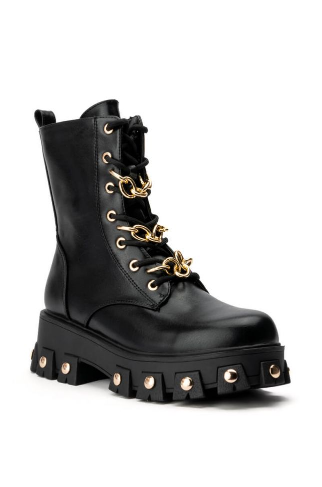 AZALEA WANG MAKE YOUR MARK CHAIN LACE UP FLATFORM BOOTIE IN BLACK