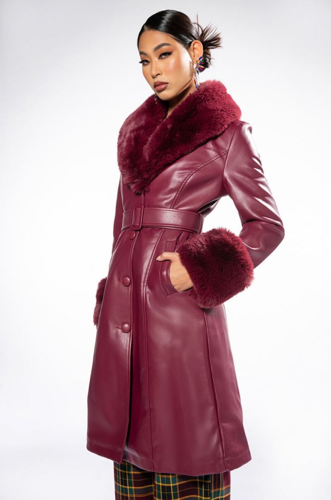 Front View Azalea Wang Marbolo Pu Trench With Faux Fur Trim