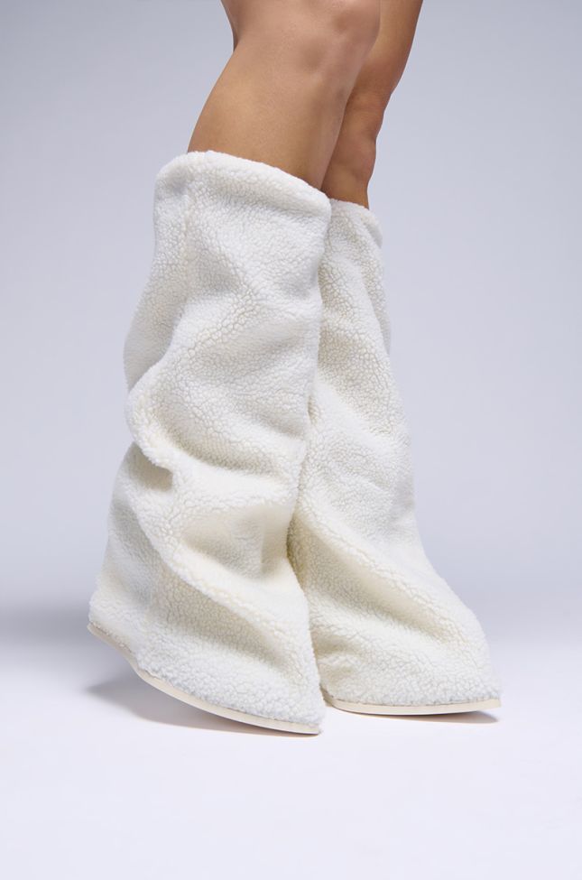 Front View Azalea Wang Marcelle White Sherpa Wedge Boot