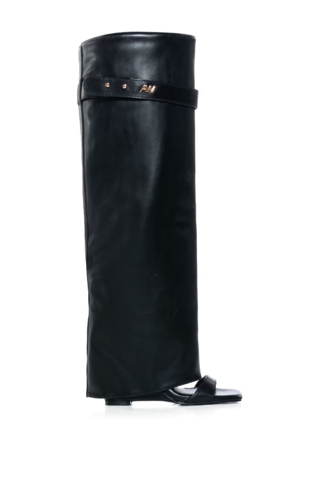 Side View Azalea Wang Marietta Fold Over Open Toe Sandal Boot In Black