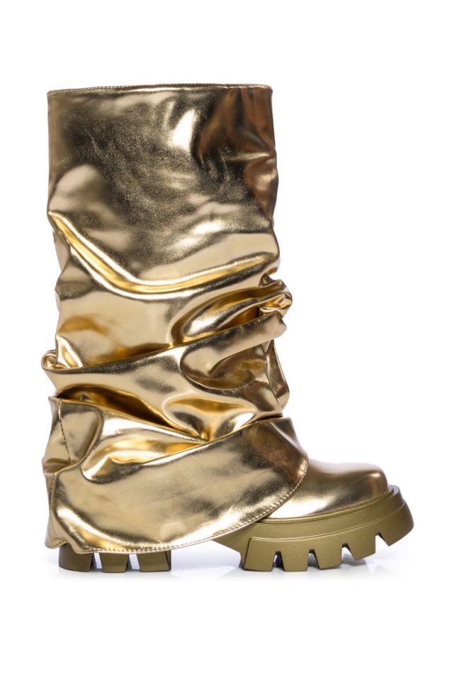 Side View Azalea Wang Mate Metallic Mid Calf Boot In Gold