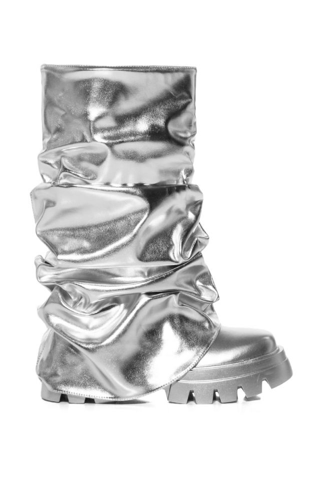 Side View Azalea Wang Mate Metallic Mid Calf Boot In Silver