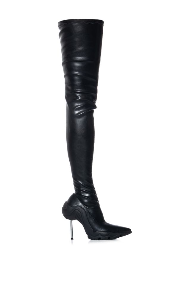 Side View Azalea Wang Mcartney Thigh High Stiletto Boot In Black