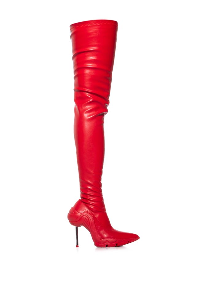 Side View Azalea Wang Mcartney Thigh High Stiletto Boot In Red