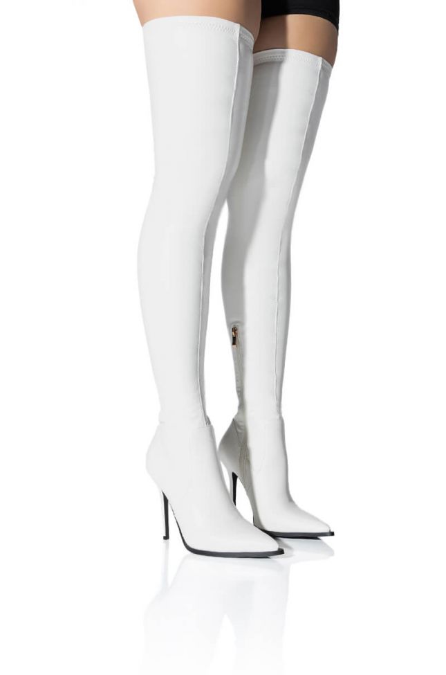 Side View Azalea Wang Miley Thigh High Stiletto Boot With 4 Way Stretch In White