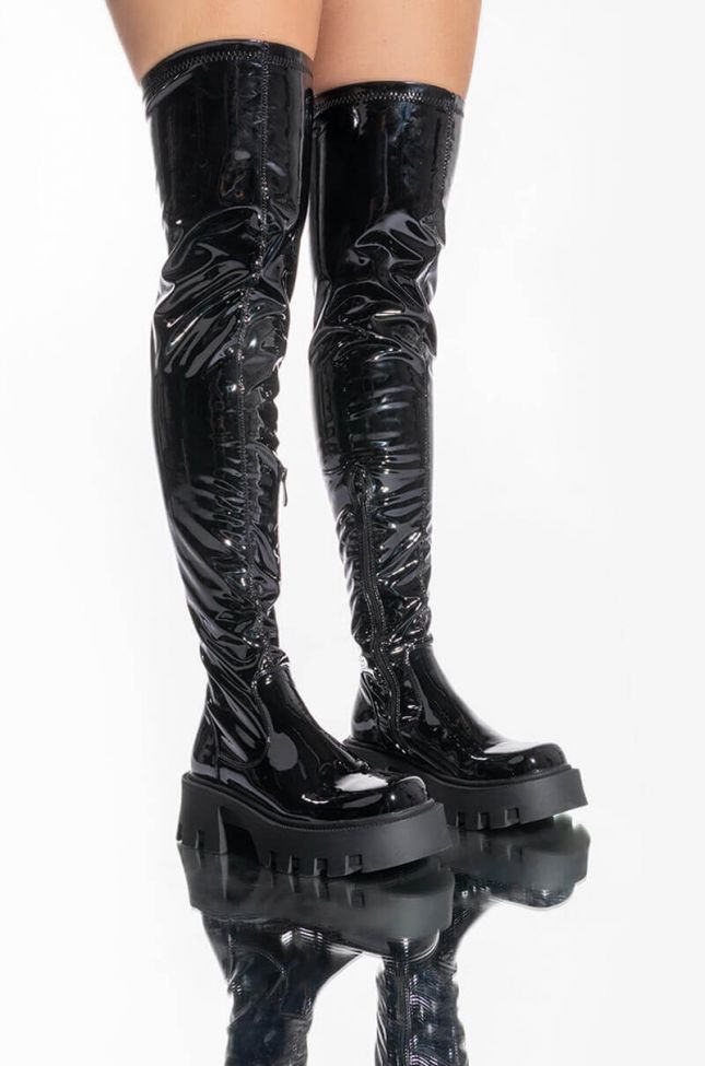 Front View Azalea Wang Milly Thigh High Flatform Boot In Black Stretch