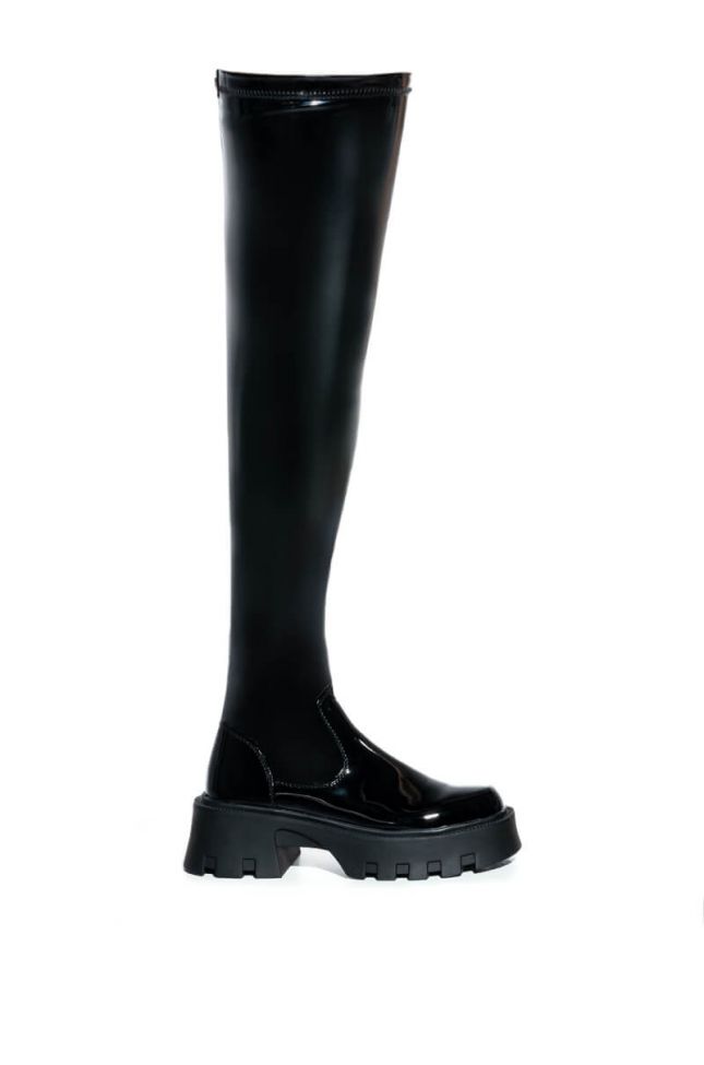 Side View Azalea Wang Milly Thigh High Flatform Boot In Black Stretch