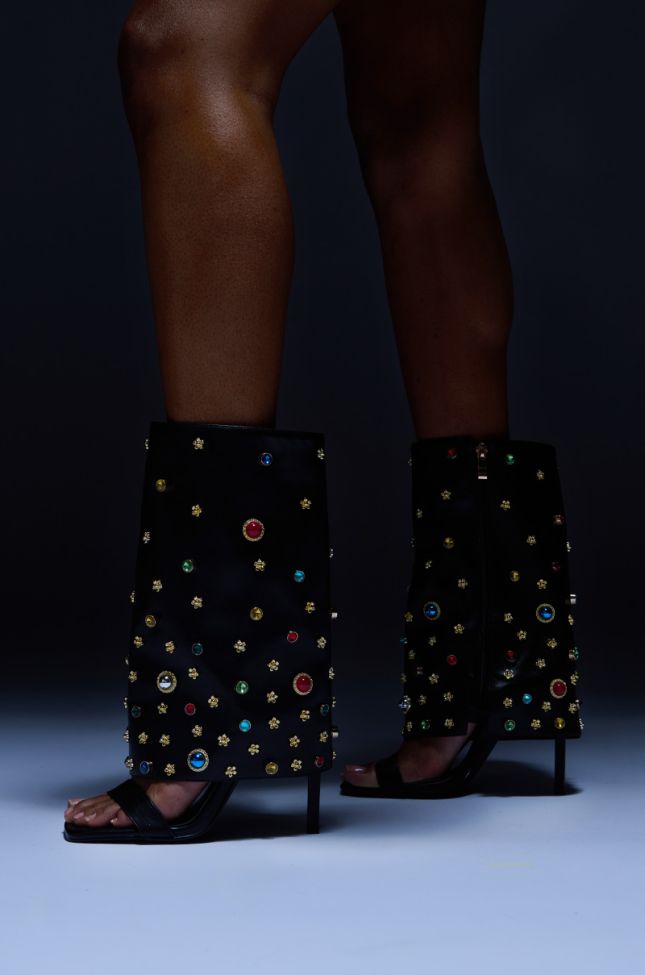 Extra View Azalea Wang Mitsue Black Embellished Fold Over Open Toe Sandal Boot