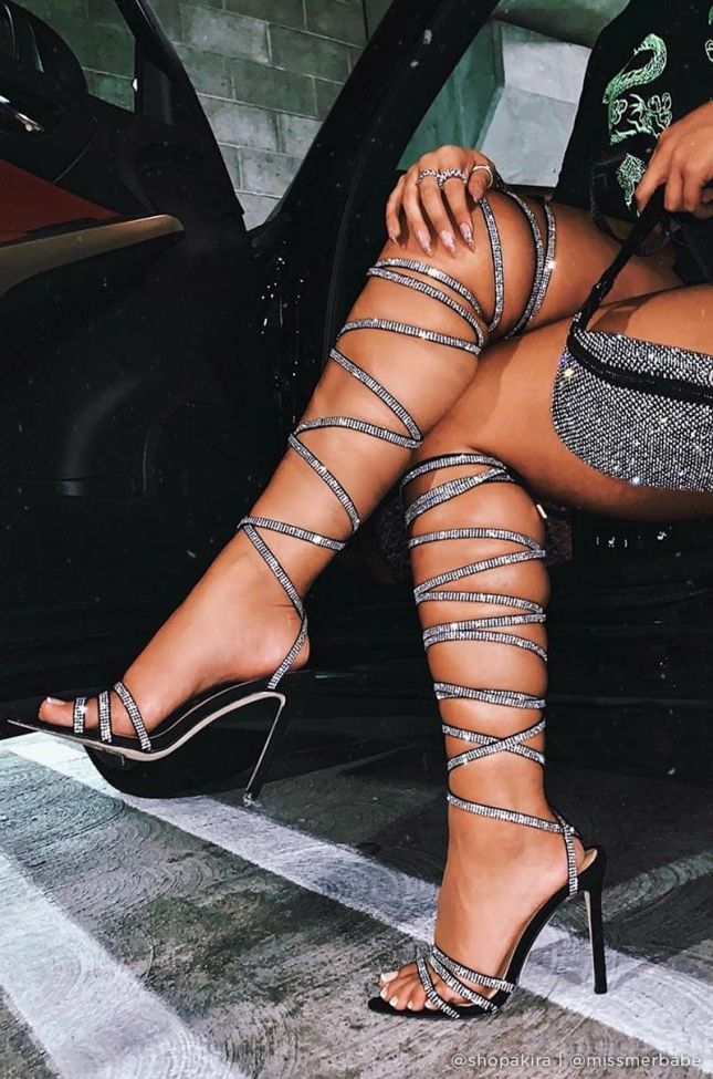 Front View Azalea Wang Moving To The City Diamond Wrapped Strappy Heel in Black