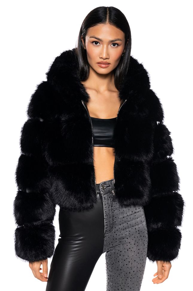 Front View Azalea Wang Muffin Soft And Luxe Crop Faux Fur Jacket In Black