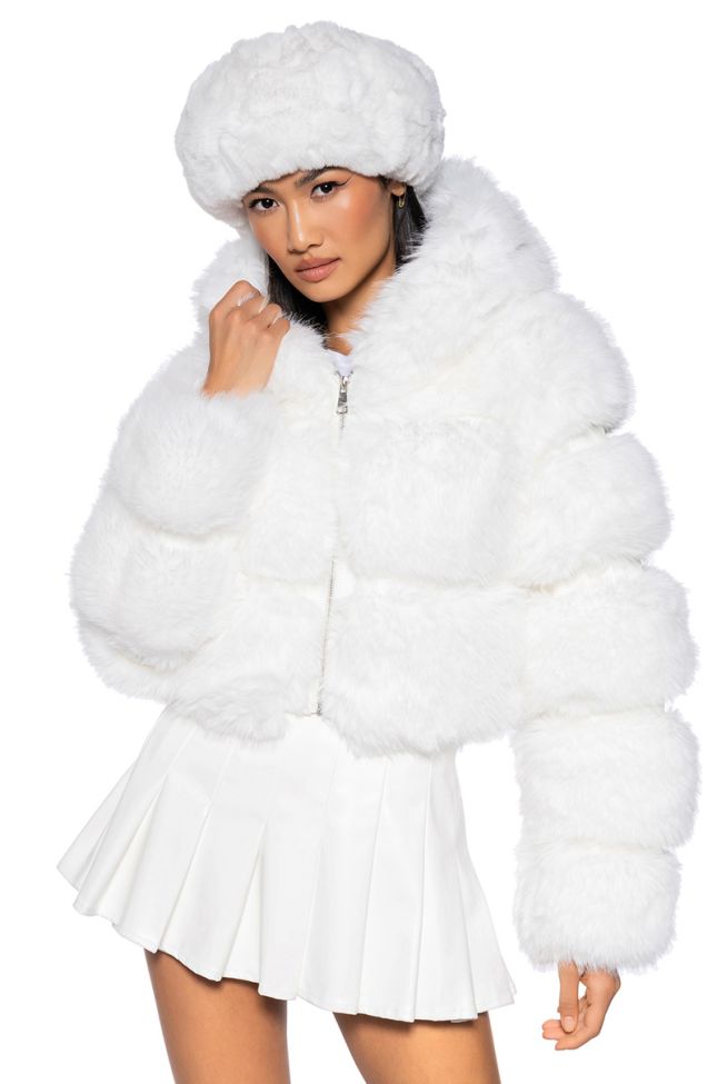 Front View Azalea Wang Muffin Soft And Luxe Crop Fur Jacket In White