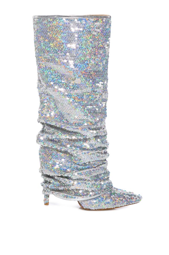 Side View Azalea Wang Nebula Sequin Embellished Boot In Silver