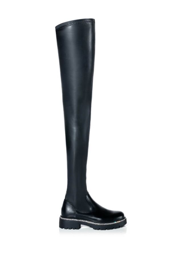 Side View Azalea Wang New Rules Thigh High Stretch Boot In Black