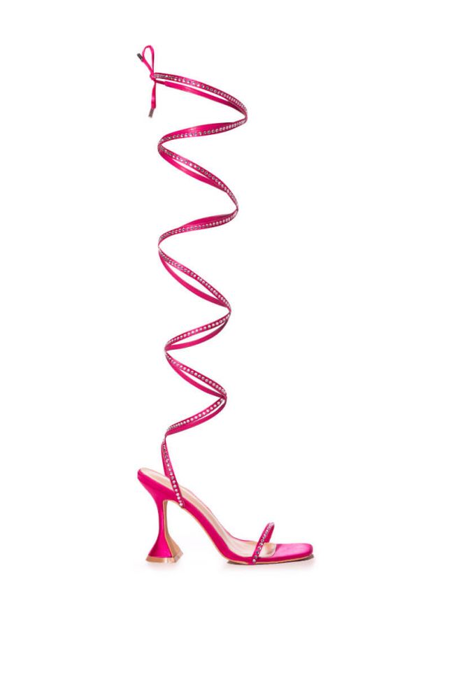 Side View Azalea Wang Nothing But Love Strappy Rhinestone Lace Up Sandal In Pink