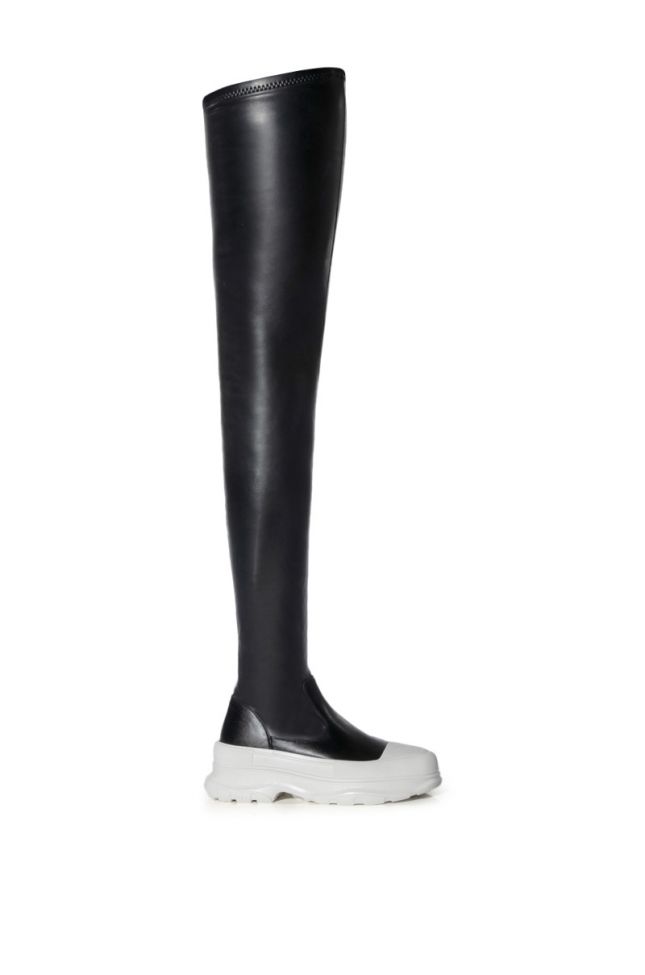 AZALEA WANG OH MY LOVE FAUX LEATHER THIGH HIGH FLATFORM SNEAKER BOOT IN BLACK