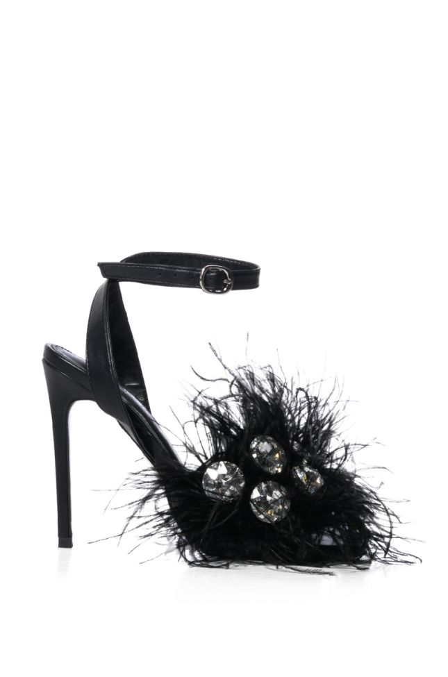 AZALEA WANG PARTY TIME EMBELLISHED FEATHER STILETTO SANDAL IN BLACK