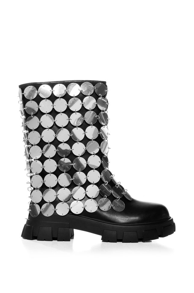 Side View Azalea Wang Quinnie Silver Disc Embellished Boot In Black