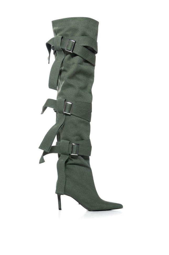Side View Azalea Wang Richmond Strappy Utility Thigh High Boot In Green