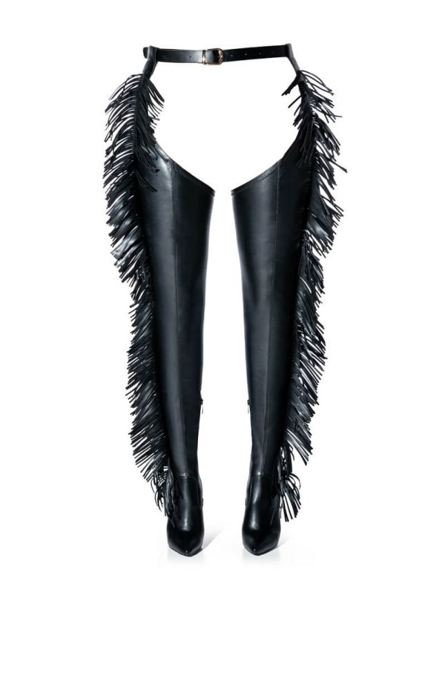 Back View Azalea Wang Ride At Dawn Belted Thigh High Stiletto Fringe Chap Boot