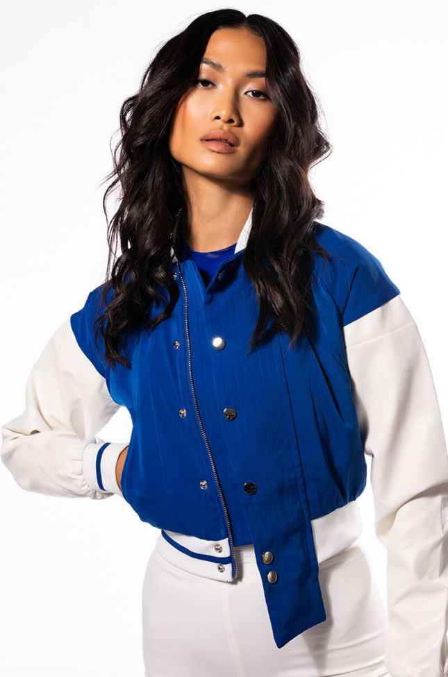 Front View Azalea Wang Runner Fitted Crop Varsity Bomber