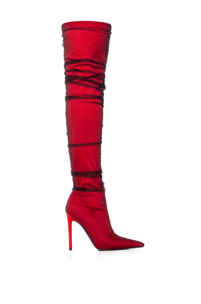 Side View Azalea Wang Serpens Red Tulle Covered Boot