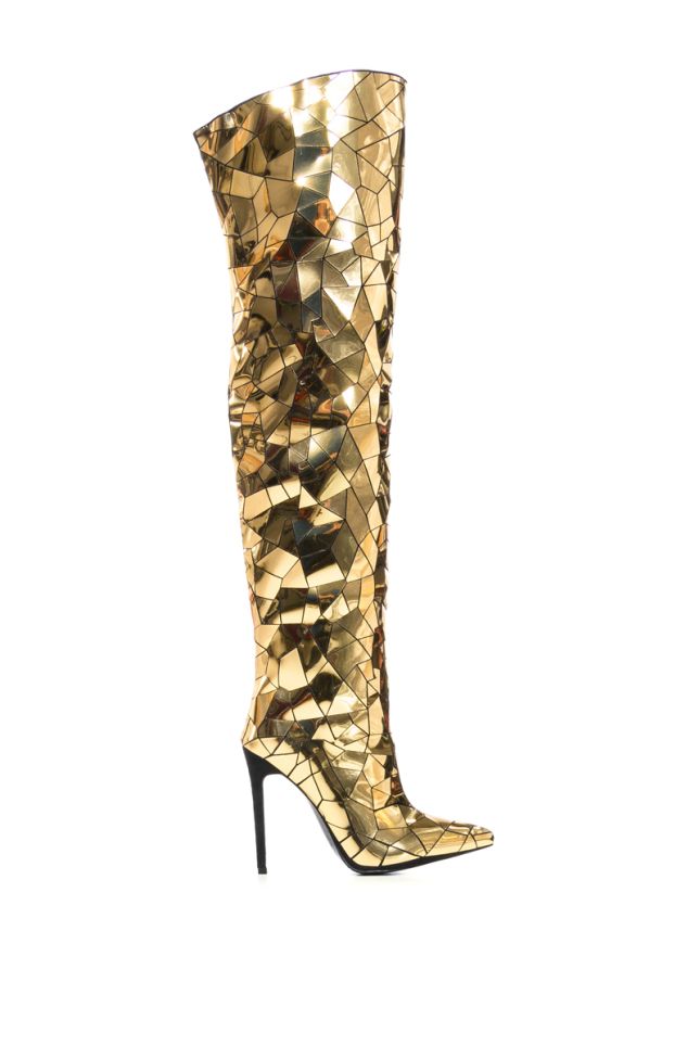 Side View Azalea Wang Shattered Metallic Stiletto Boot In Gold