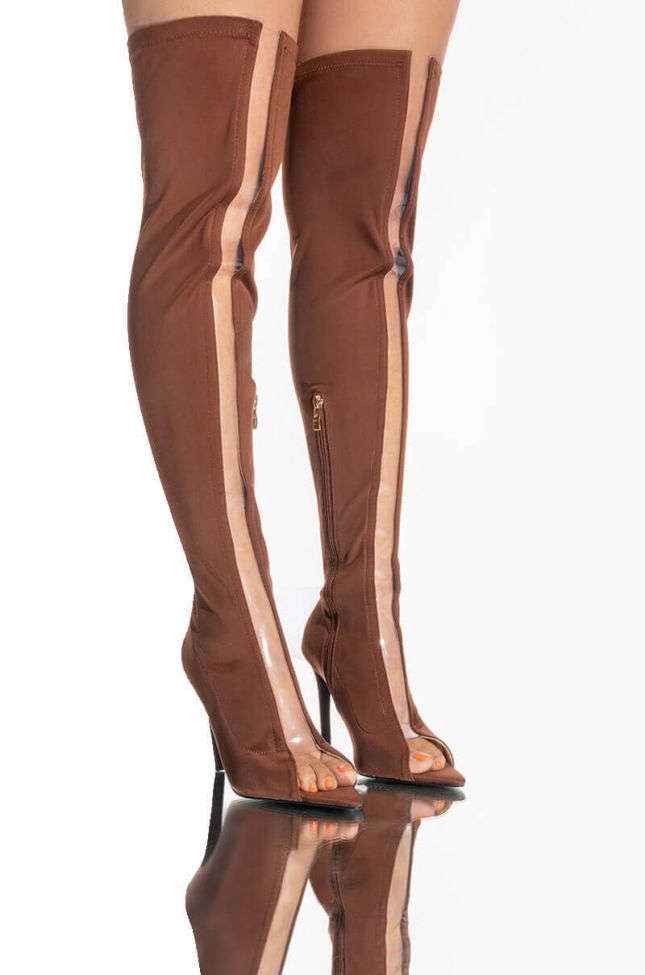 Front View Azalea Wang Sheer Luck Stiletto Boot In Brown