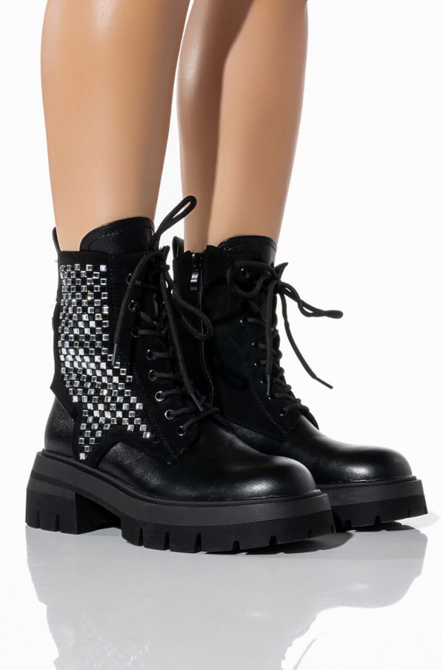 Front View Azalea Wang Shes Thriving Flatform Bling Combat Boot In Black