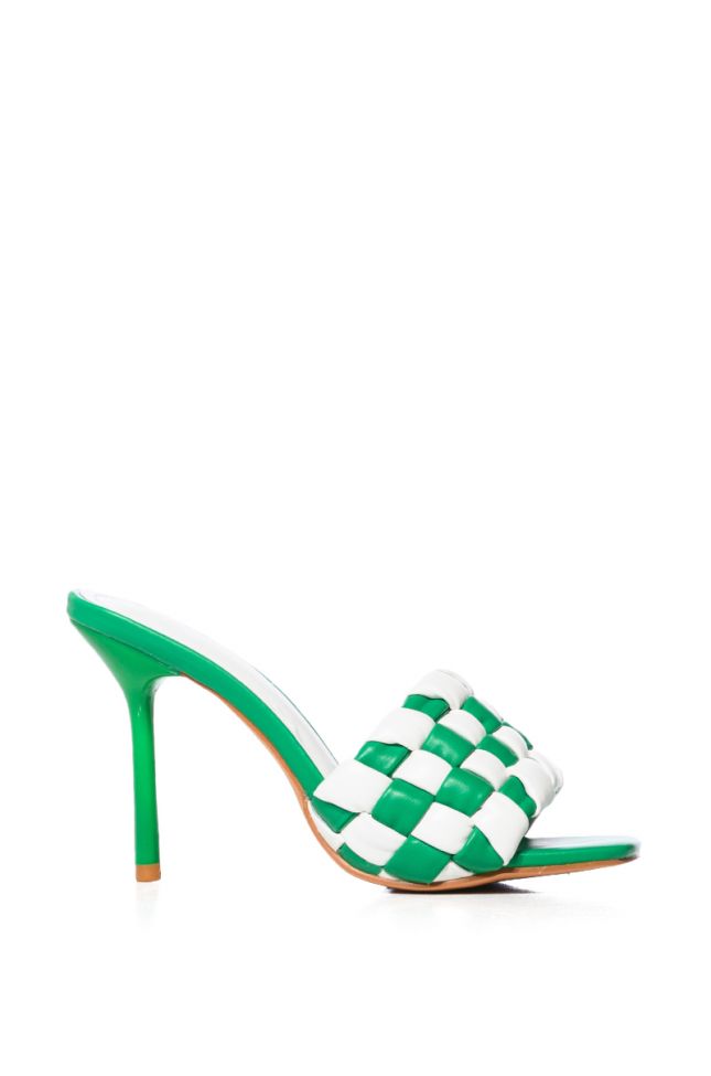 Side View Azalea Wang Sigrid Green And White Checker Board Stiletto Sandal