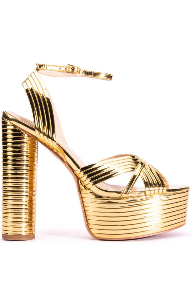 Side View Azalea Wang Stack It Up Strappy Sexy Chunky Sandal In Gold
