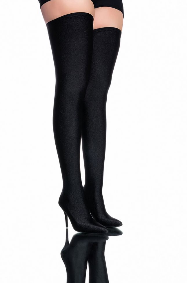 Front View Azalea Wang Star Stretch Love Struck Ultra Thigh High Stiletto Boot In Black
