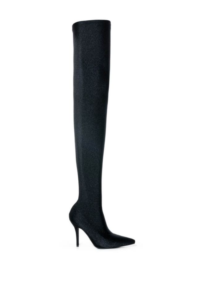 Front View Azalea Wang Star Stretch Love Struck Ultra Thigh High Stiletto Boot In Black